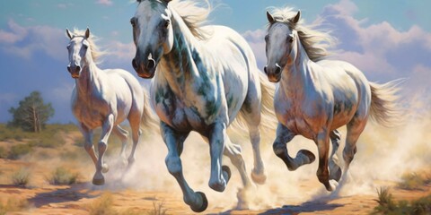 Silver Horses Galloping in the Desert Sand