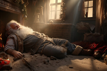 Old tired chubby Santa Claus sleep and relax in dirty room beside window and light beam, which decorated by christmas ornament during christmas time and blur outside of collapse city by war. - obrazy, fototapety, plakaty