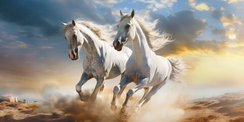 Obraz na płótnie Canvas Silver Horses Galloping in the Desert Sand