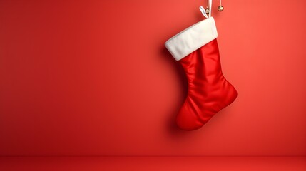Isolated light red Christmas Stocking in front of a festive Background. Cheerful Template with Copy...