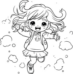 Coloring Page Outline Of a cute little girl with long hair jumping in the clouds