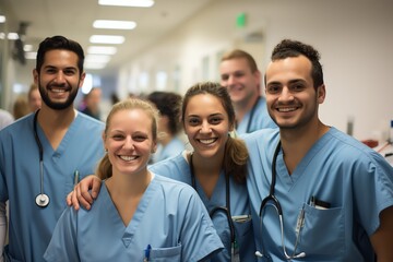 a group of smiling medical workers standing in hospital corridor - obrazy, fototapety, plakaty