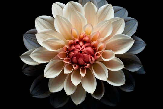 An image of a flower with black, brown, pink, white, and beige colors in its center, against a black background. Generative AI