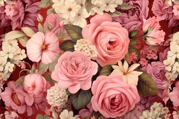 Pink roses and garden flowers with a vintage floral pattern. Generative AI