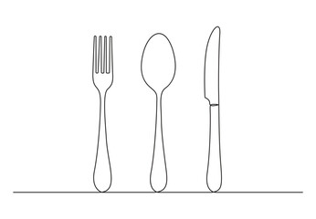 Utensils set in continuous one line drawing style. Spoon, fork, steak knife one line art decorative. Vector illustration. Premium vector.
