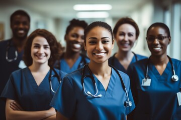 a group of smiling medical workers standing in hospital corridor - obrazy, fototapety, plakaty