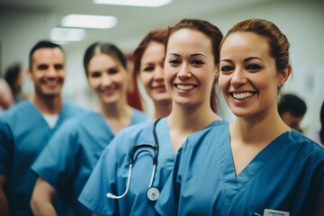 a group of smiling medical workers standing in hospital corridor