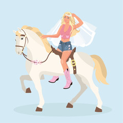 Bride on white horse with veil.