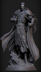 Fototapeta na wymiar full body pose action flowing ancient Chinese prince fantasy handsome with long black hair 25 years old hanfu wielding one hand sword caped 3d printed minis high quality 