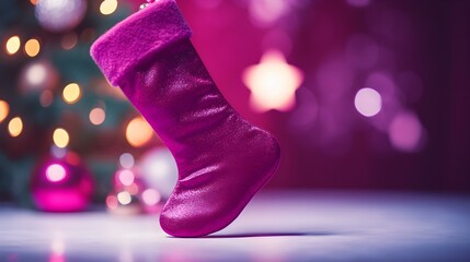 Isolated magenta Christmas Stocking in front of a festive Background. Cheerful Template with Copy...