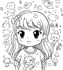 Cute little girl with eyes closed. Vector illustration for coloring book.