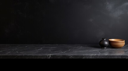 Empty table marble black countertop on black wall