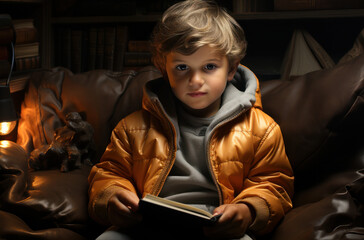 Fototapeta na wymiar boy reading a book, boy holding a cell phone with his hands