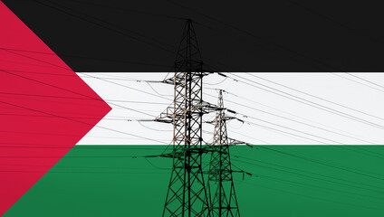 Palestinian flag with electric tower and lines. Energy supply in Palestine. High electricity and...
