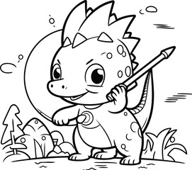 Black and White Cartoon Illustration of Cute Dinosaur Fantasy Character Coloring Book