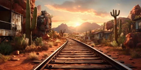 Poster Im Rahmen Rusty Railroad Track on Western Desert. Abandoned Train Track © Resdika