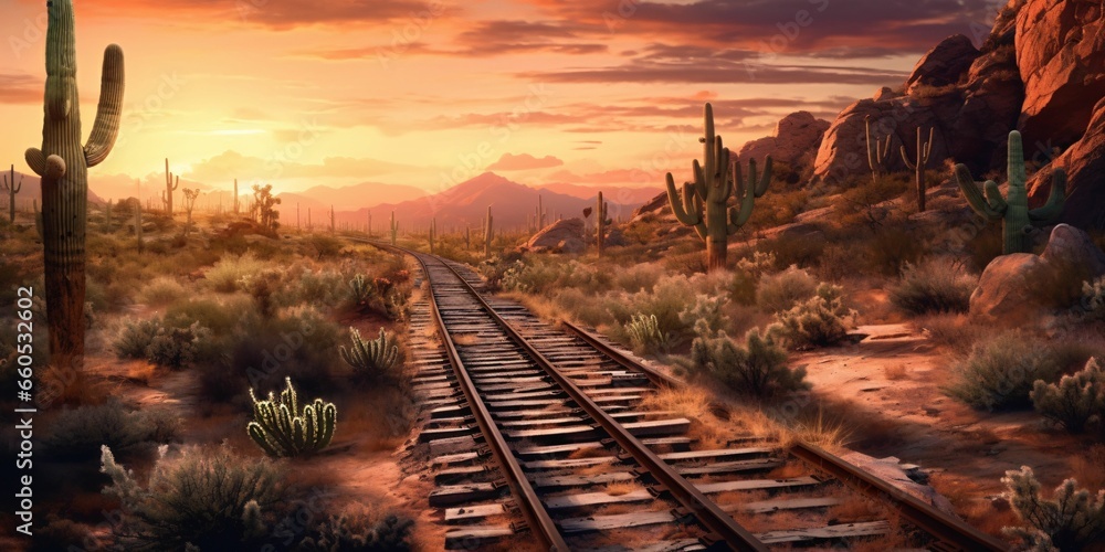 Wall mural Rusty Railroad Track on Western Desert. Abandoned Train Track