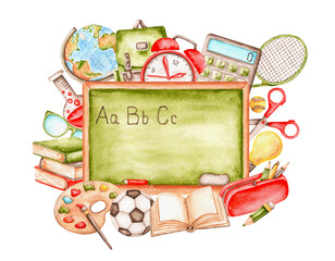 School lessons watercolor illustration. Back to school. School supplies. School blackboard. Illustration isolated. For printing on cards, stickers, posters, greeting cards.