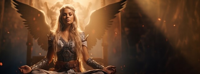 Beautiful Viking Valkyrie Woman meditating before Battle - A God Aura that surrounds her - The Calm Before the Storm of Battle - Sensual Norse Goddess Background created with Generative AI Technology - obrazy, fototapety, plakaty