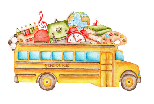 School bus watercolor illustration. Education, study, knowledge, lessons. Bus, school supplies. Back to school. Illustration isolated. For posters, cards, stickers, greeting cards.
