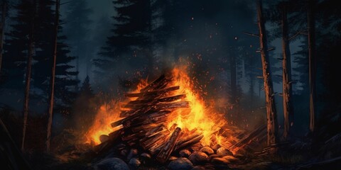 Big Bonfire with Flame in The Forest At Night. Burning Wood Pile