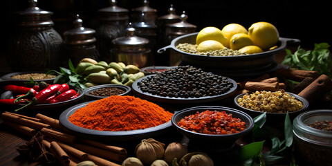 Wide banner photo of red green and orange curry powder bowls and bottles on a table 