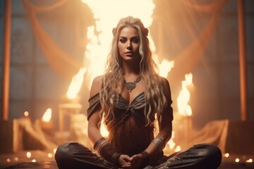 Beautiful Viking Valkyrie Woman meditating before Battle - A God Aura that surrounds her - The Calm Before the Storm of Battle - Sensual Norse Goddess Background created with Generative AI Technology