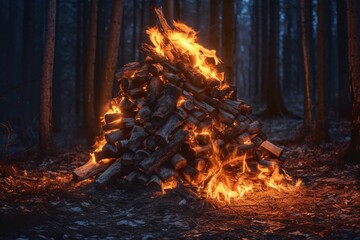 Big Bonfire with Flame in The Forest At Night. Burning Wood Pile