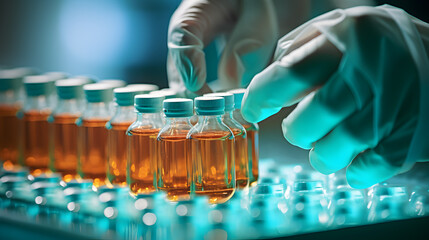 Scientist hands close-up, scientific research, Test tube row, medical pharmaceutical research,...