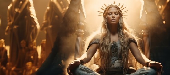 Fototapeta na wymiar Beautiful Viking Valkyrie Woman meditating before Battle - A God Aura that surrounds her - The Calm Before the Storm of Battle - Sensual Norse Goddess Background created with Generative AI Technology