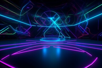 Digital background with vibrant blue and purple neon lights illuminating a dark studio. Generative AI