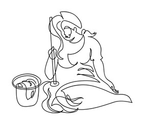 One line drawing of overworked woman.
One continuous line drawing of tired woman sitting on apartment floor holding mop
