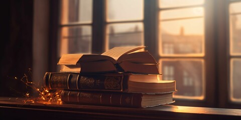Stack of Books on a Wooden Table with Window and Sunlight in the Background