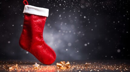 Isolated red Christmas Stocking in front of a festive Background. Cheerful Template with Copy Space