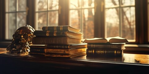 Stack of Books on a Wooden Table with Window and Sunlight in the Background
