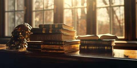 Fototapeten Stack of Books on a Wooden Table with Window and Sunlight in the Background © Resdika
