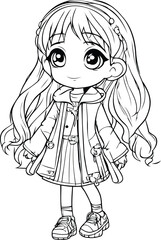 Cute little girl in a coat. Vector illustration for coloring book.