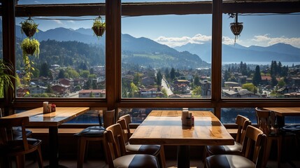 Dining on a Restaurant Table with a view of the river and mountains in a sunny day