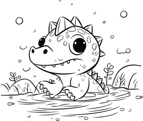 Coloring book for children. cute dinosaur in water. Vector illustration.