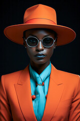 Striking portrait of a dark-skinned woman in white suit and orange hat on a blue background.