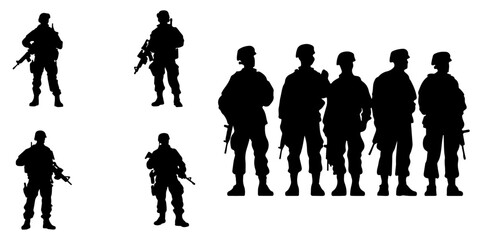 Celebrating War Veterans Soldiers: A Vector Set Collection of Army Silhouettes - Vector, Transparent Background, PNG - obrazy, fototapety, plakaty