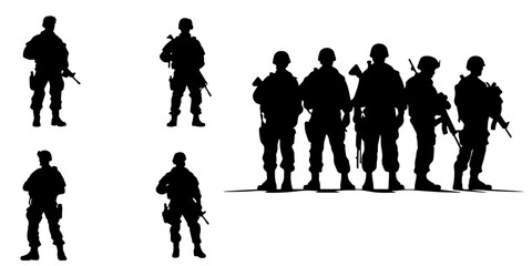 Army Silhouettes in a Vector Set Collection for War Veterans Soldiers - Vector, Transparent Background, PNG - obrazy, fototapety, plakaty