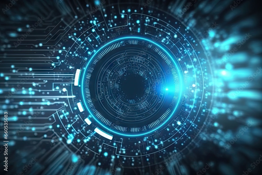 Poster Digital universe. Exploring technology frontier. Futuristic tech network. Abstract background. Cyberspace connection. Blue tech innovation
