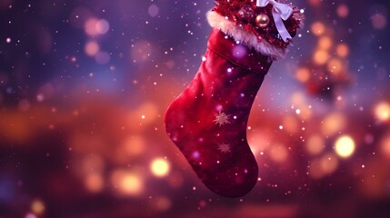 Isolated ruby Christmas Stocking in front of a festive Background. Cheerful Template with Copy Space