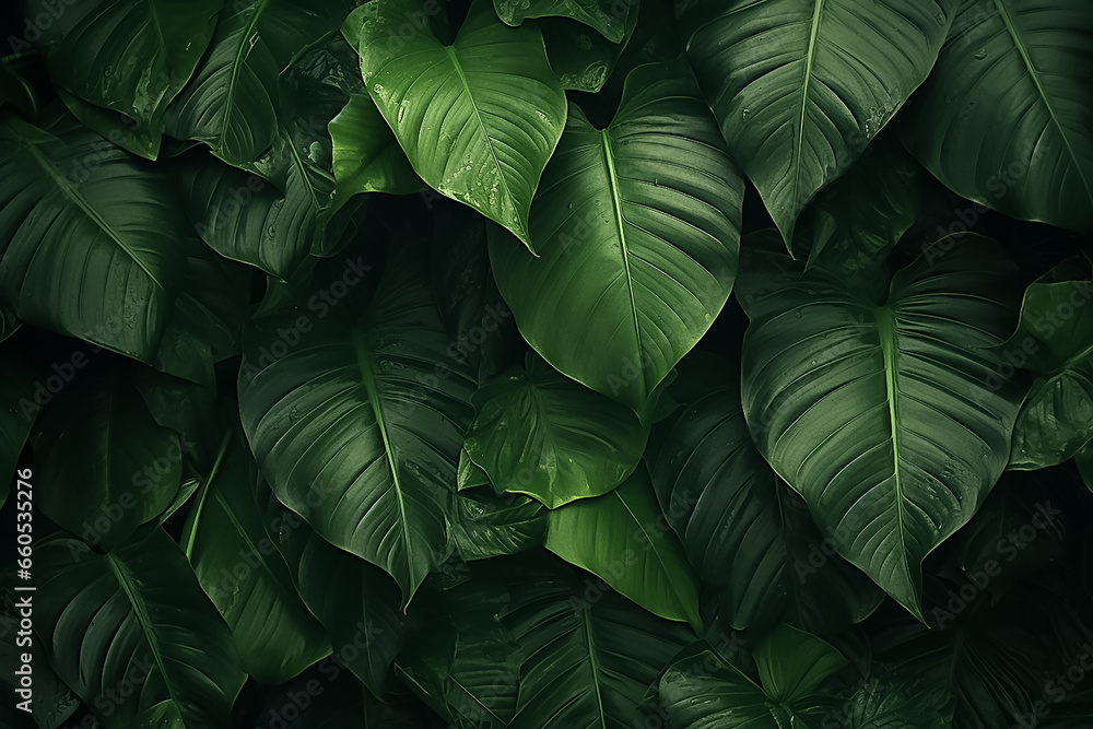 Wall mural Background of moist dark green plants leaves in many shades under sunshine, Generative AI.