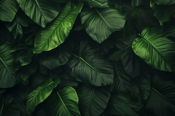 Background of moist dark green plants leaves in many shades under sunshine, Generative AI. - obrazy, fototapety, plakaty