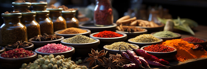 Spices banner with different curry powders in lids and bottles lay in order on a wooden table  - obrazy, fototapety, plakaty