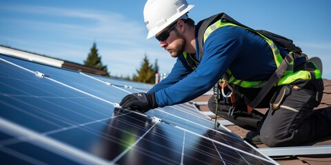 A solar panel technician meticulously installing solar panels on a residential roof , concept of Renewable energy