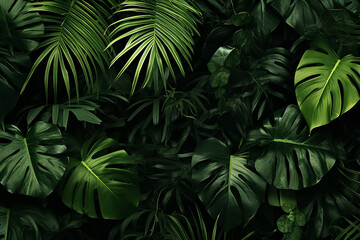 Fototapeta na wymiar Background of moist dark green plants leaves in many shades under sunshine, Generative AI.