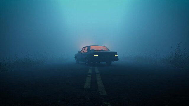 Cinematic shot of a creepy eerie car parked in middle of road with red glow inside in foggy moody forest during blue hour with headlights and hazard lights flashing 